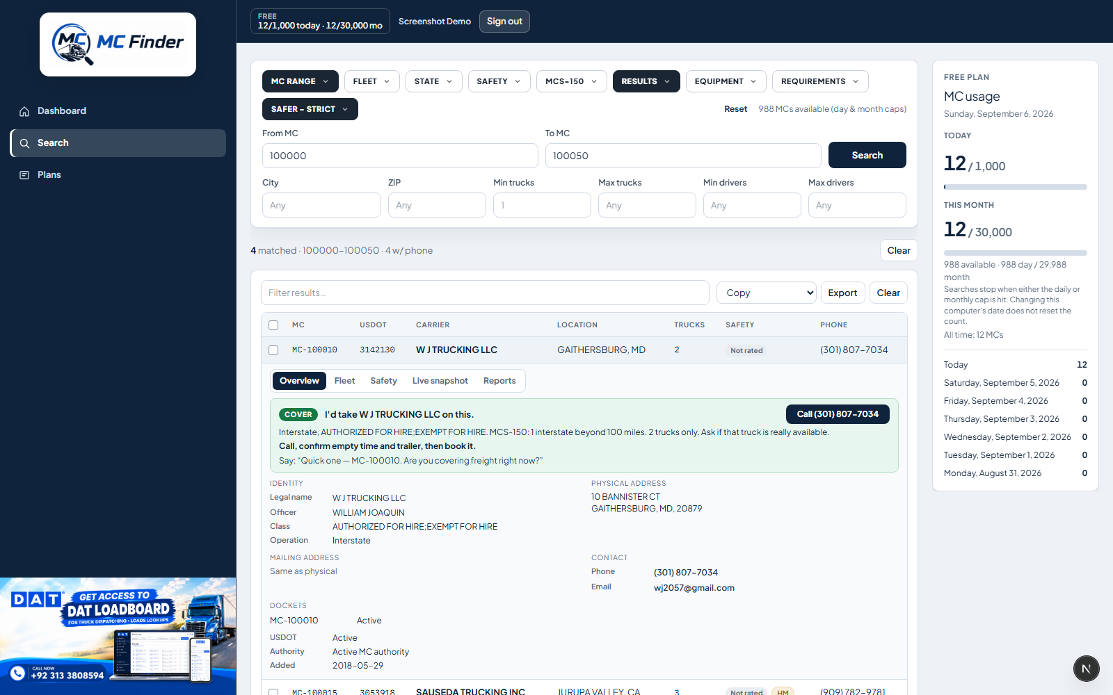 Carrier profile with identity, address, and contact details