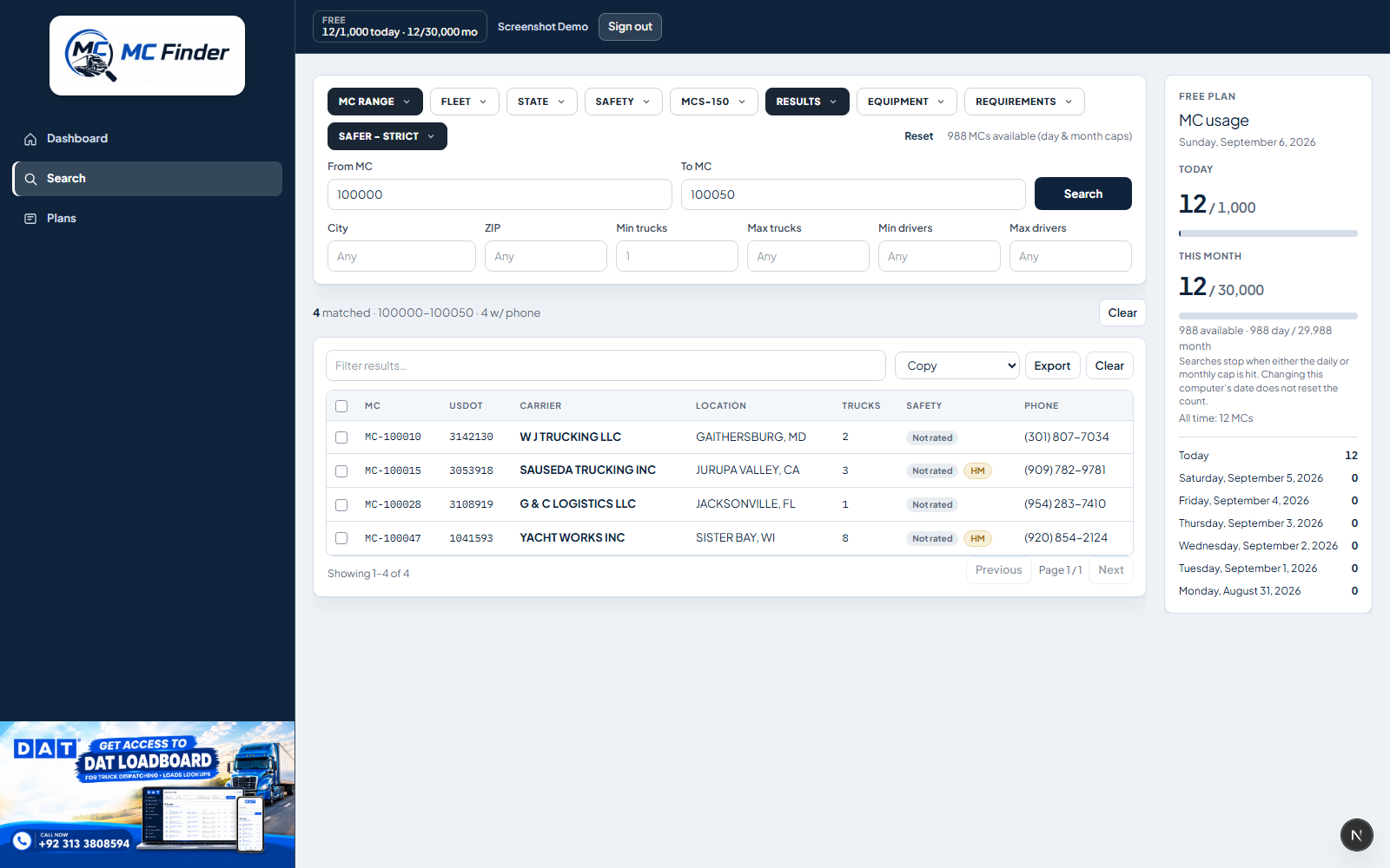 MC Finder search desk with filters and matched carriers